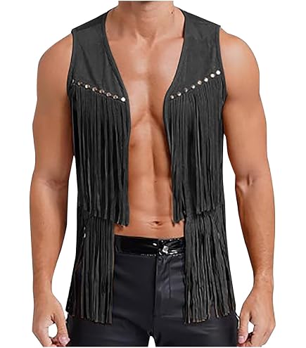 YSERB Men's Western Cowboy Vest 70s Hippie Rivets Fringe Vest